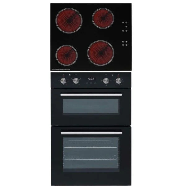 SIA 60cm Black Built In Double Oven & 4 Zone Electric Ceramic Hob - London Houseware - 1