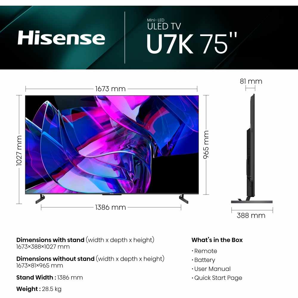 Hisense TV, 75 Inch Mini LED 4K Ultra HD - U7 Series 75U7KQTUK - London Houseware - 3