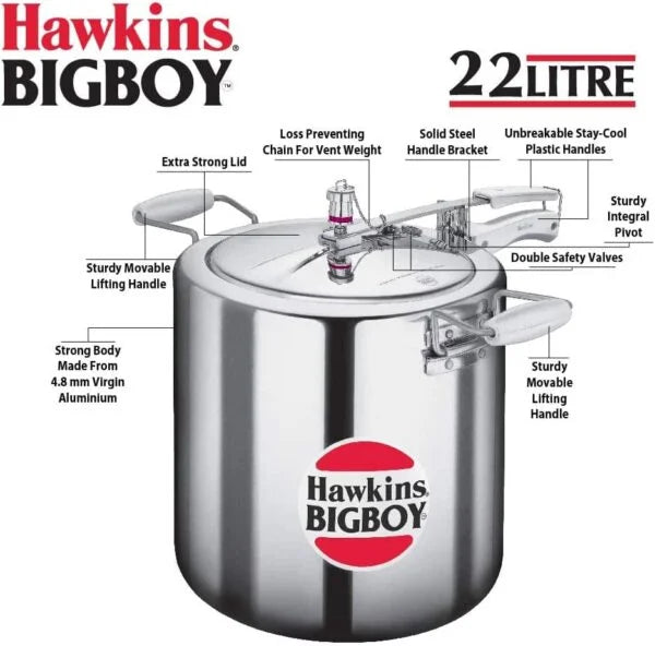 Hawkins Bigboy (BB22) - 22 Litre Silver Colour Pressure Cooker - London Houseware - 3