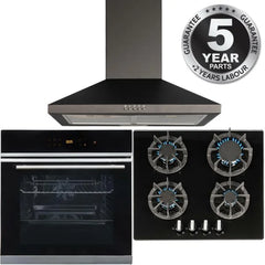 60cm Black Digital Electric Oven, 4 Burner Gas Hob & Chimney Cooker Hood - London Houseware - 1