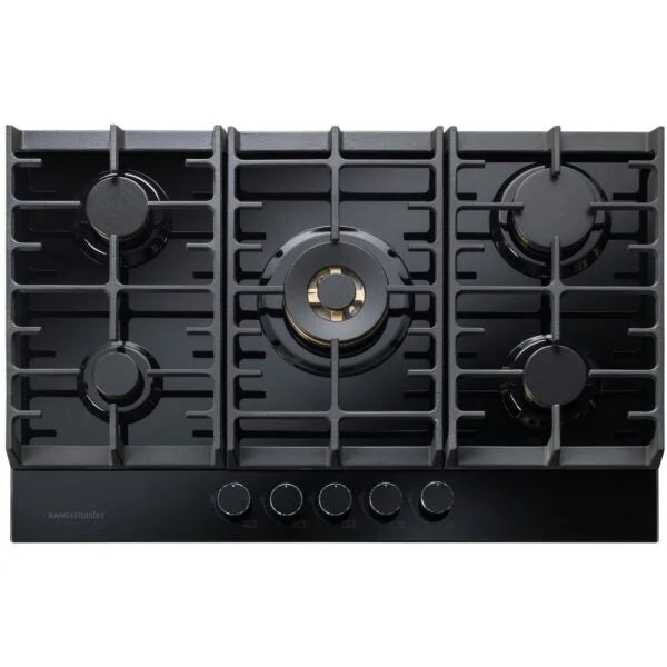 Black Glass 5 Burner Gas Hob Eclipse - Rangemaster ECL75HPNGFBL/BL - London Houseware - 1