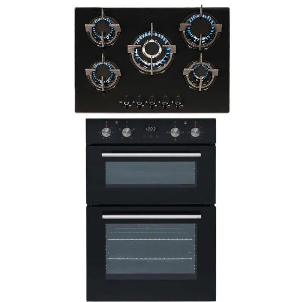 SIA 60cm Built In Electric Double Oven & 70cm Black Glass 5 Burner Gas Hob - London Houseware - 1