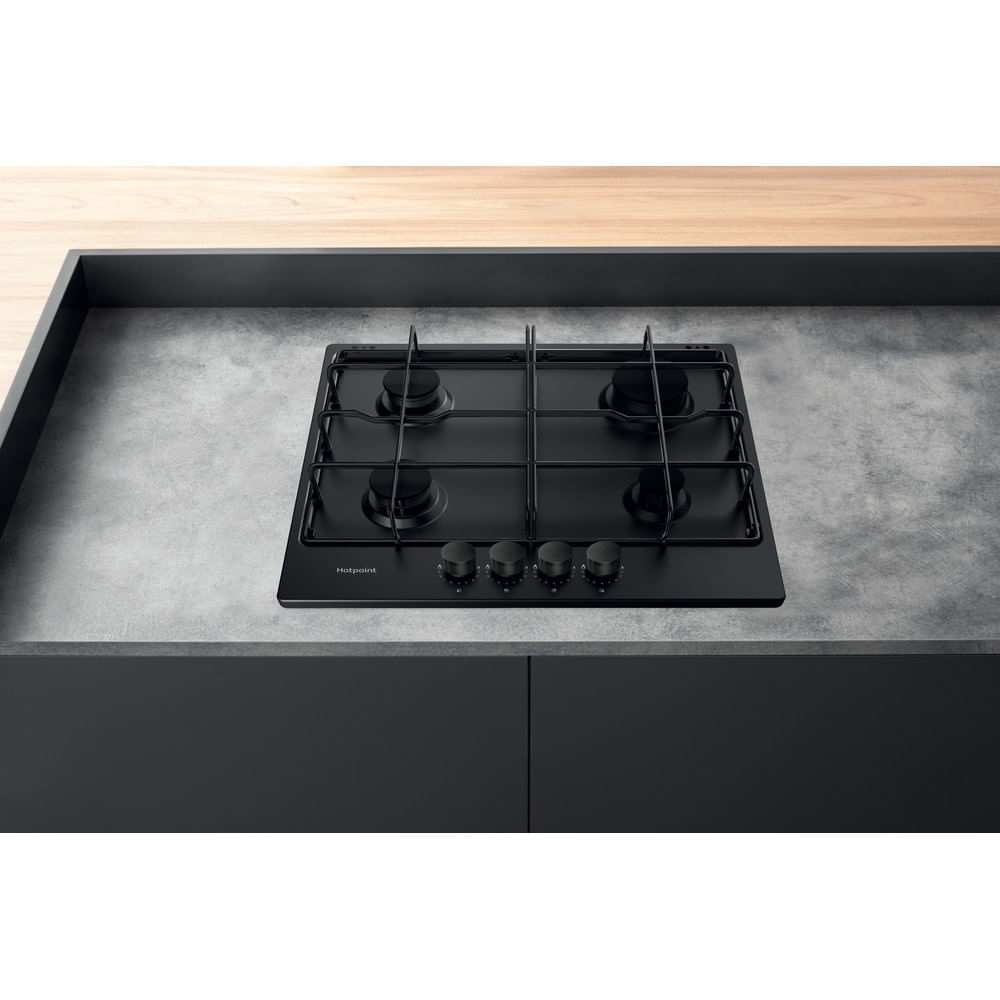 58cm Black 4 Burner Gas Hob - Hotpoint PPH 60P F NB - Naamaste London Homewares - 4