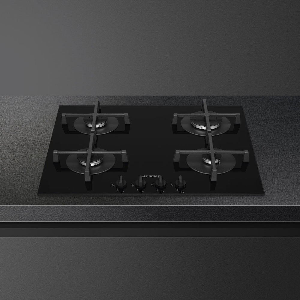 60cm 4 Burner Smeg Gas Hob Black on Glass - PV264B - Naamaste London Homewares - 2