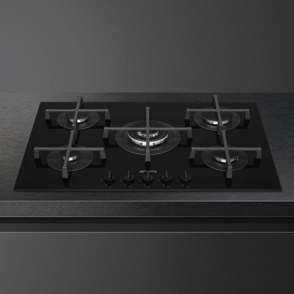 70cm 5 Burner Smeg Gas Hob Black on Glass - PV275B - Naamaste London Homewares - 2