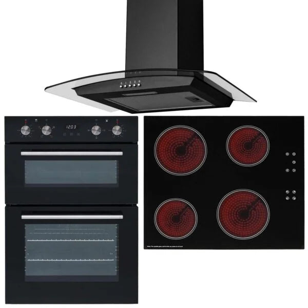 SIA 60cm Black Built In Double Oven, 4 Zone Touch Ceramic Hob & Cooker Hood - London Houseware - 1