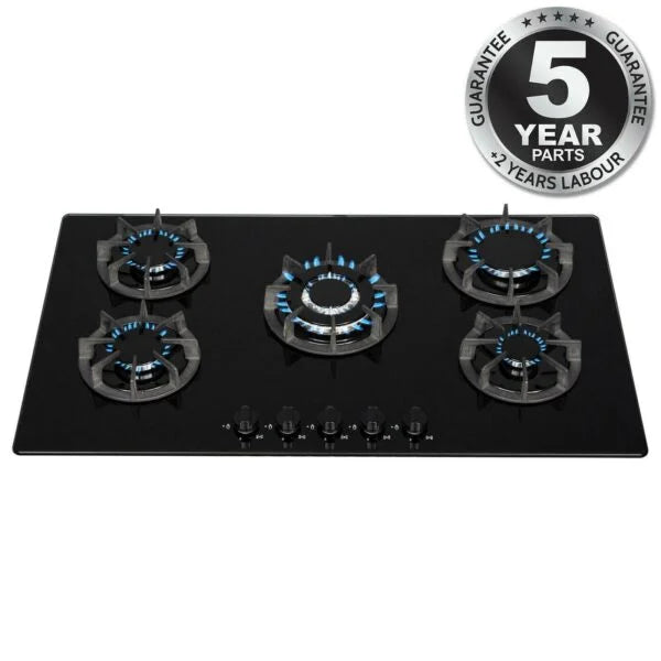 90cm Black Glass 5 Burner Gas Hob - SIA BGH90BL - London Houseware - 1