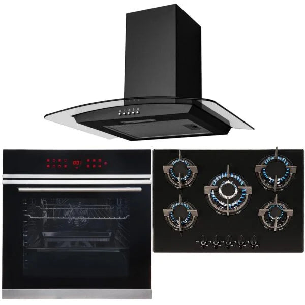 Black 13 Function Single Fan Oven, 70cm 5 Burner Gas Hob & Curved Cooker Hood - London Houseware - 9