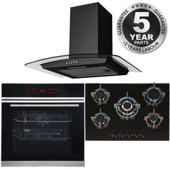 Black 13 Function Single Fan Oven, 70cm 5 Burner Gas Hob & Curved Cooker Hood - London Houseware - 1