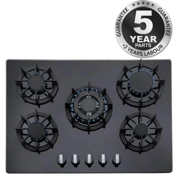 70 cm Black Glass 5 Burner Gas Hob with Cast Iron Pan Stands - SIA R8 - London Houseware - 1