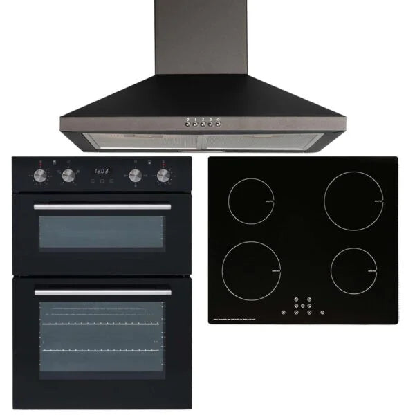 SIA 60cm Black Built-in Double Oven, 4 Zone Induction Hob & Chimney Cooker Hood - London Houseware - 1