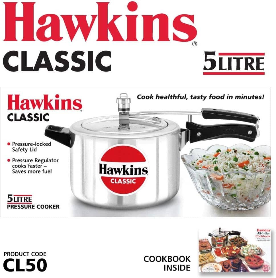 Hawkins Classic Aluminum Pressure Cooker, 5 L, Silver