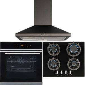 60cm Black Digital Electric Oven, 4 Burner Gas Hob & Chimney Cooker Hood - London Houseware - 1