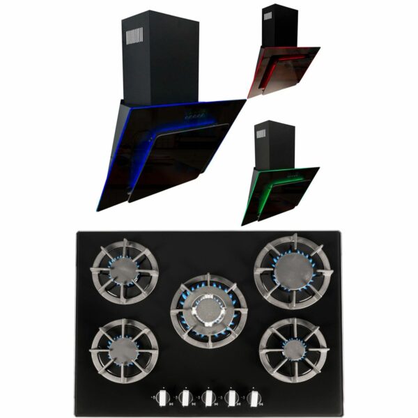 SIA 70cm Black 5 Burner Gas Hob & Multi Colour LED Angled Cooker Hood - London Houseware - 2