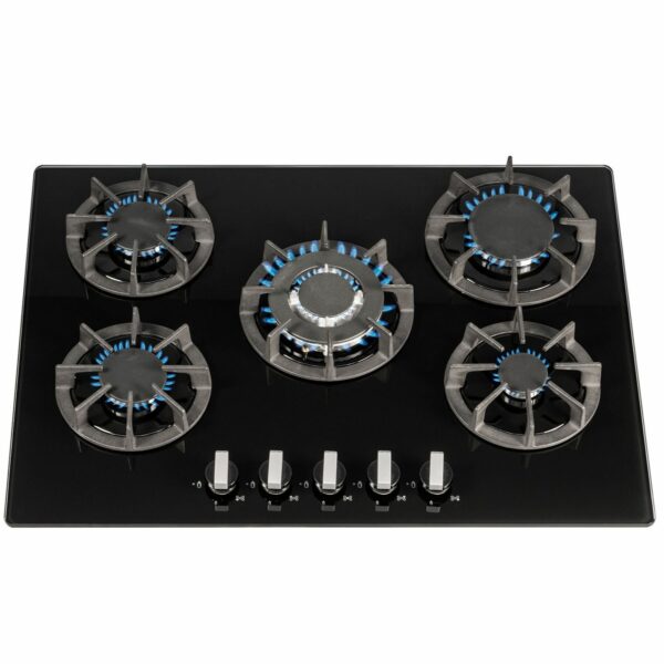 SIA 70cm Black 5 Burner Gas Hob & Multi Colour LED Angled Cooker Hood - London Houseware - 5