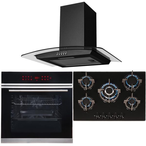 Black 13 Function Single Fan Oven, 70cm 5 Burner Gas Hob & Curved Cooker Hood - London Houseware - 1