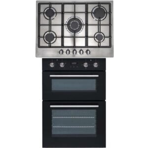 SIA 60cm Black Built In Double Oven And Stainless Steel 70cm 5 Burner Gas Hob - London Houseware - 1