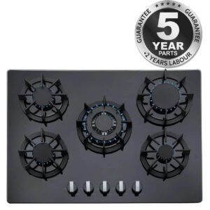 70 cm Black Glass 5 Burner Gas Hob with Cast Iron Pan Stands - SIA R8 - London Houseware - 1